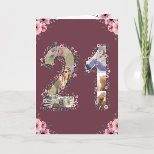 Big 21st Birthday Photo Collage Pink Flower Woman Card