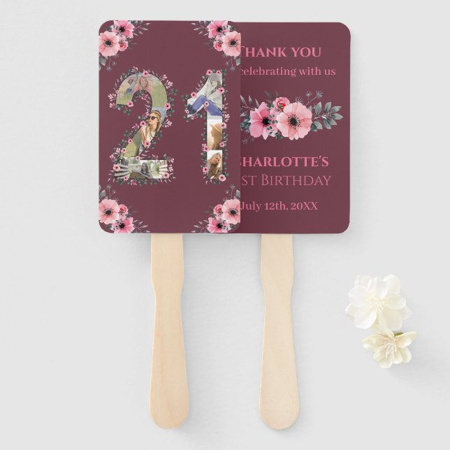 Big 21st Birthday Photo Collage Pink Flower Woman Hand Fan (Front and Back)