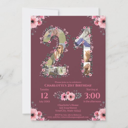 Big 21st Birthday Photo Collage Pink Flower Woman Invitation
