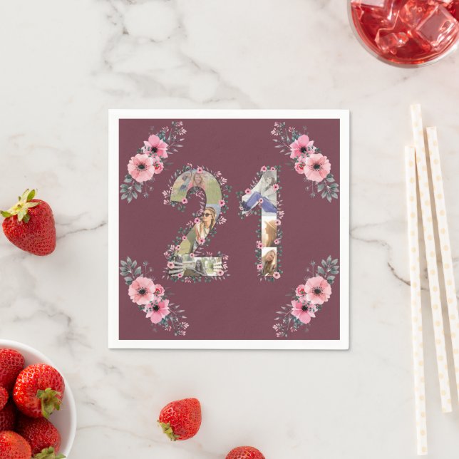 Big 21st Birthday Photo Collage Pink Flower Woman Napkins (Insitu)
