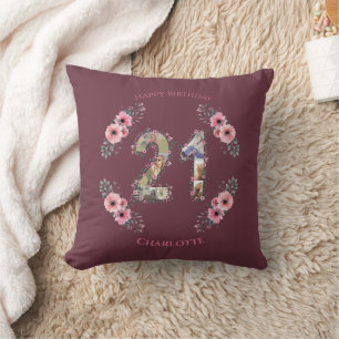Big 21st Birthday Photo Collage Pink Flower Woman Throw Pillow