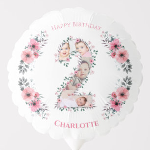 Big 2nd Birthday Girl Photo Collage Pink Flower Balloon