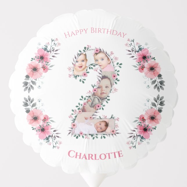 Big 2nd Birthday Girl Photo Collage Pink Flower Balloon (Front)