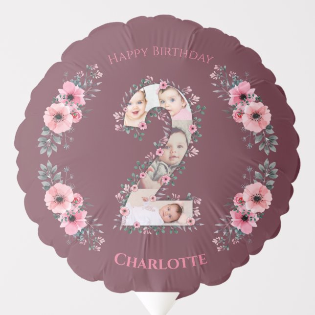 Big 2nd Birthday Girl Photo Collage Pink Flower Balloon (Front)