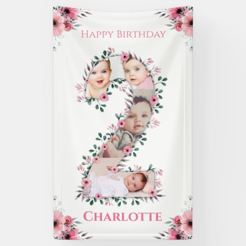 Big 2nd Birthday Girl Photo Collage Pink Flower Banner