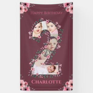 Big 2nd Birthday Girl Photo Collage Pink Flower Banner