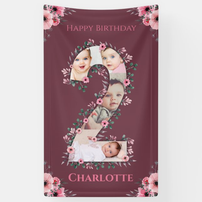 Big 2nd Birthday Girl Photo Collage Pink Flower Banner (Vertical)