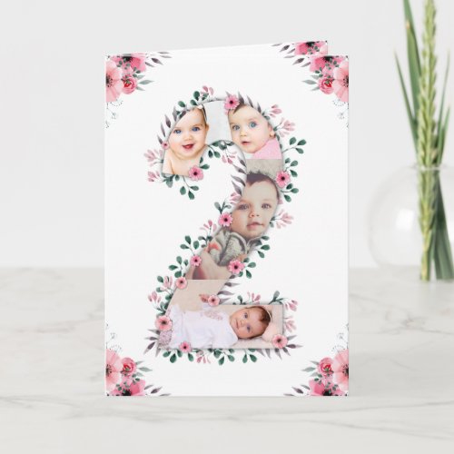 Big 2nd Birthday Girl Photo Collage Pink Flower Card