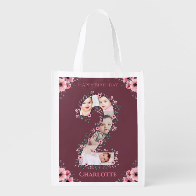 Big 2nd Birthday Girl Photo Collage Pink Flower Grocery Bag (Front)