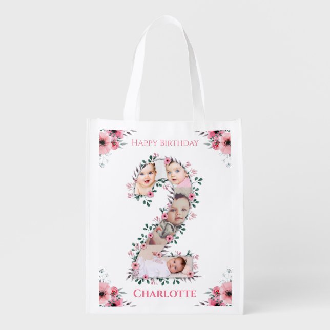 Big 2nd Birthday Girl Photo Collage Pink Flower Grocery Bag (Front)