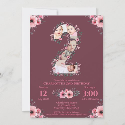 Big 2nd Birthday Girl Photo Collage Pink Flower Invitation
