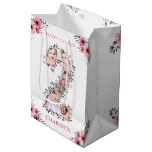 Big 2nd Birthday Girl Photo Collage Pink Flower Medium Gift Bag