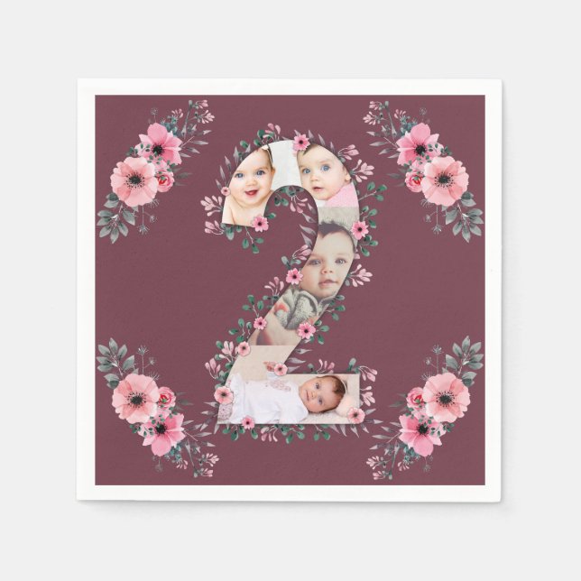 Big 2nd Birthday Girl Photo Collage Pink Flower Napkins (Front)