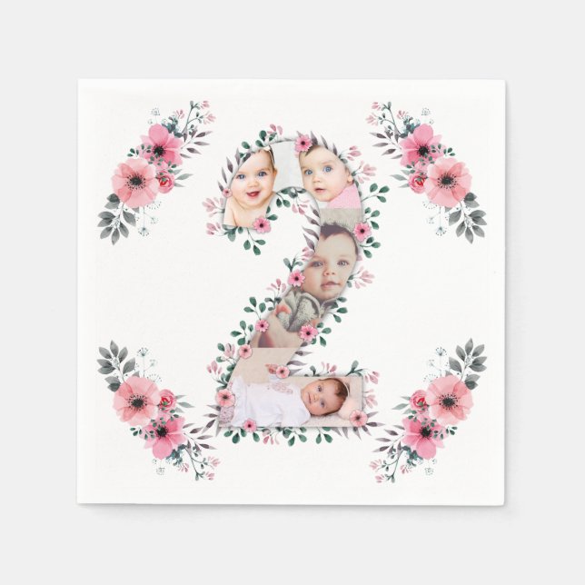 Big 2nd Birthday Girl Photo Collage Pink Flower Napkins (Front)