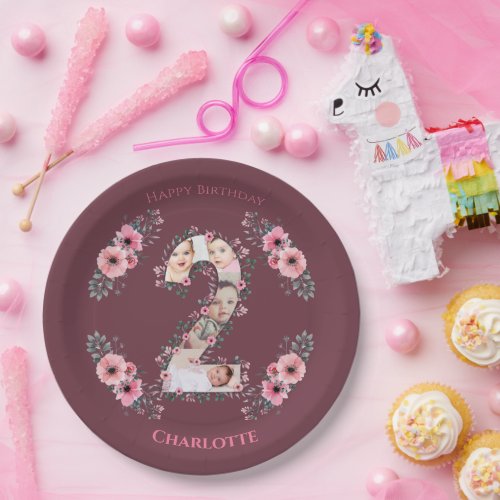 Big 2nd Birthday Girl Photo Collage Pink Flower Paper Plates