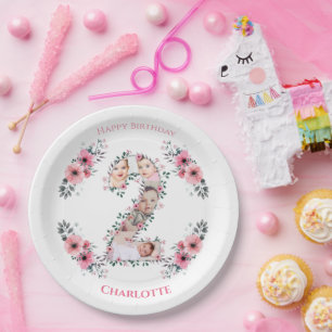 Big 2nd Birthday Girl Photo Collage Pink Flower Paper Plates