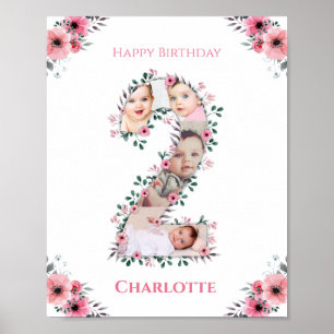 Big 2nd Birthday Girl Photo Collage Pink Flower Poster
