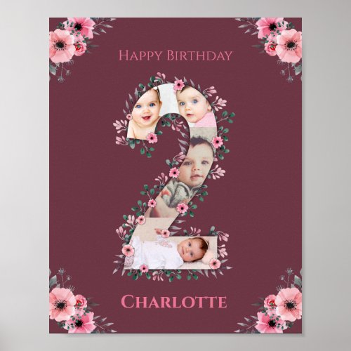 Big 2nd Birthday Girl Photo Collage Pink Flower Poster