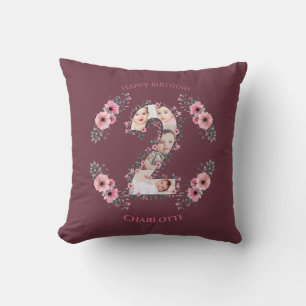 Big 2nd Birthday Girl Photo Collage Pink Flower Throw Pillow