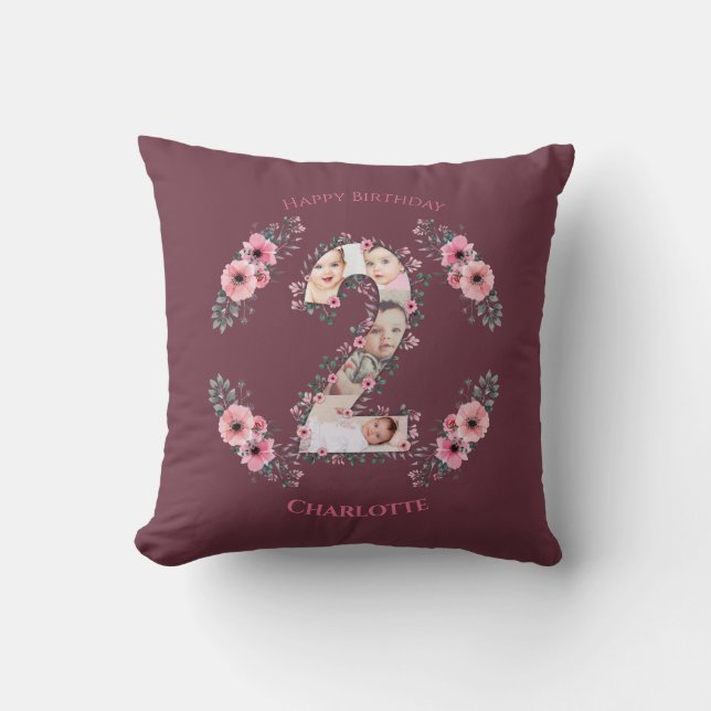 Big 2nd Birthday Girl Photo Collage Pink Flower Throw Pillow (Front)