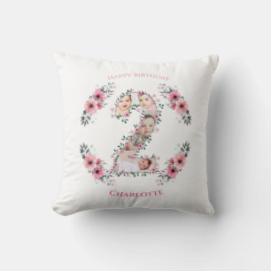 Big 2nd Birthday Girl Photo Collage Pink Flower Throw Pillow