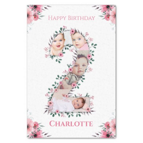 Big 2nd Birthday Girl Photo Collage Pink Flower Tissue Paper