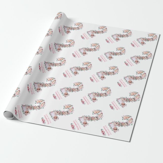 Big 2nd Birthday Girl Photo Collage Pink Flower Wrapping Paper (Unrolled)