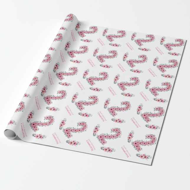 Big 2nd Birthday Green Foliage Girl Pink Flowers Wrapping Paper (Unrolled)