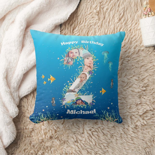 Big 2nd Birthday Photo Collage Under The Sea Throw Pillow (Blanket)