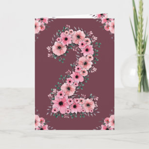 Big 2nd Birthday Pink Flowers Green Foliage Girl Card