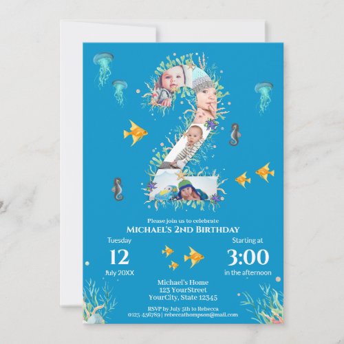 Big 2nd Photo Collage Birthday Under The Sea Invitation