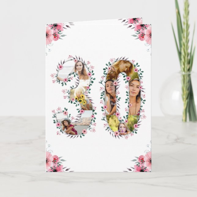 Big 30th Birthday Photo Collage Pink Flower White Card (Front)