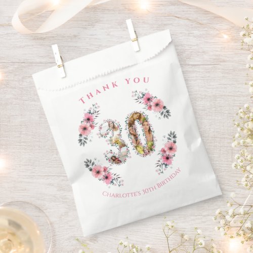 Big 30th Birthday Photo Collage Pink Flower White Favor Bag