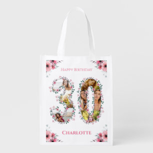 Big 30th Birthday Photo Collage Pink Flower White Grocery Bag