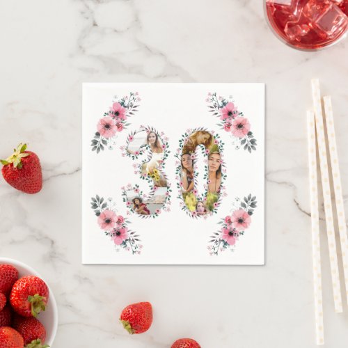 Big 30th Birthday Photo Collage Pink Flower White Napkins