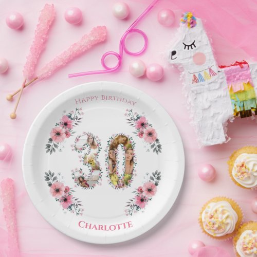 Big 30th Birthday Photo Collage Pink Flower White Paper Plates