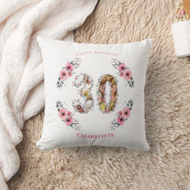 Big 30th Birthday Photo Collage Pink Flower White Throw Pillow (Blanket)