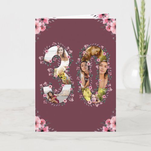 Big 30th Birthday Photo Collage Pink Flower Woman Card