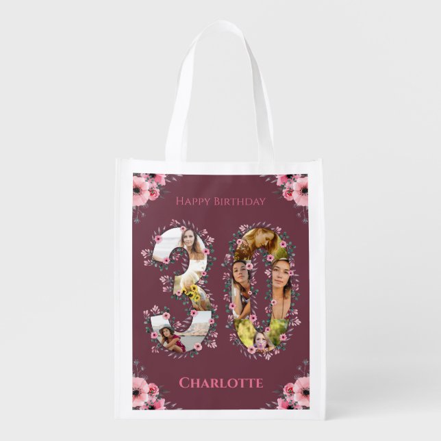 Big 30th Birthday Photo Collage Pink Flower Woman Grocery Bag (Front)