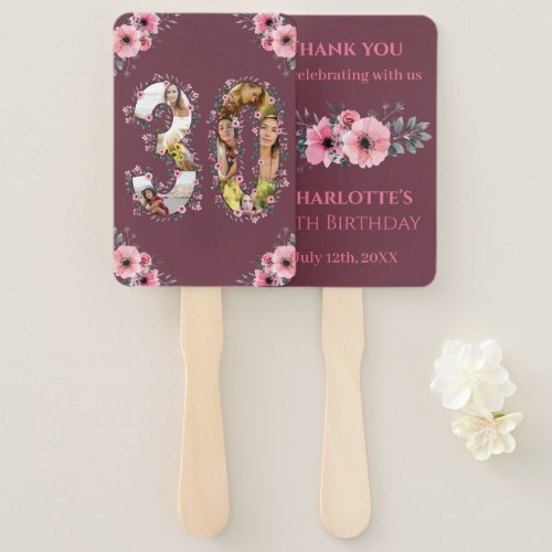 Big 30th Birthday Photo Collage Pink Flower Woman Hand Fan