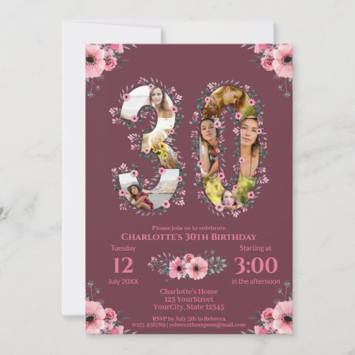 Big 30th Birthday Photo Collage Pink Flower Woman Invitation