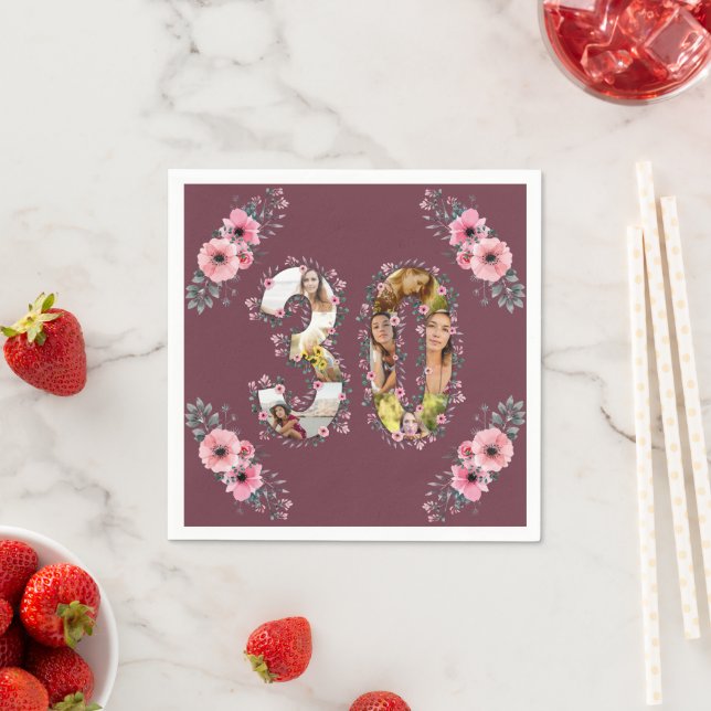 Big 30th Birthday Photo Collage Pink Flower Woman Napkins (Insitu)