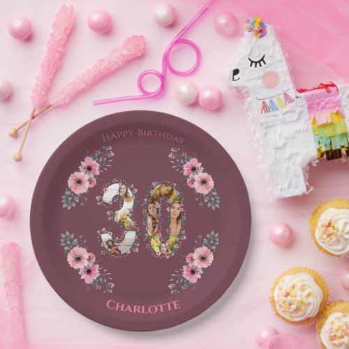 Big 30th Birthday Photo Collage Pink Flower Woman Paper Plates