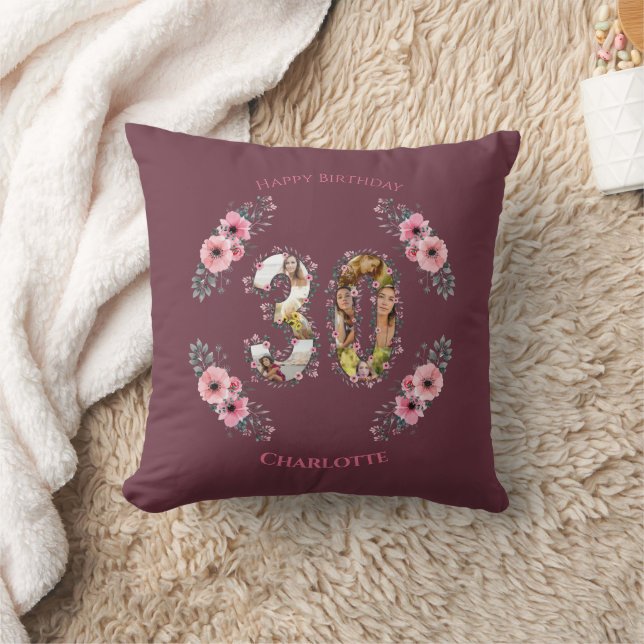 Big 30th Birthday Photo Collage Pink Flower Woman Throw Pillow (Blanket)