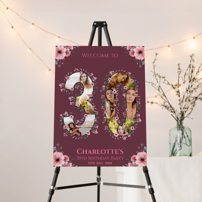 Big 30th Birthday Photo Pink Flower Welcome Foam Board (In Situ (Stand))