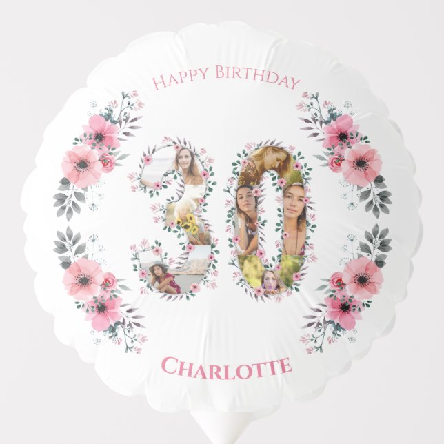 Big 30th Birthday Pink Flower Photo Collage White Balloon (Front)