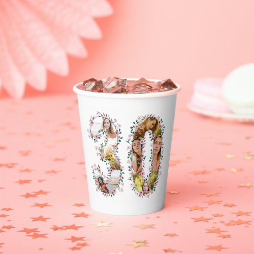 Big 30th Birthday Pink Flower Photo Collage White Paper Cups