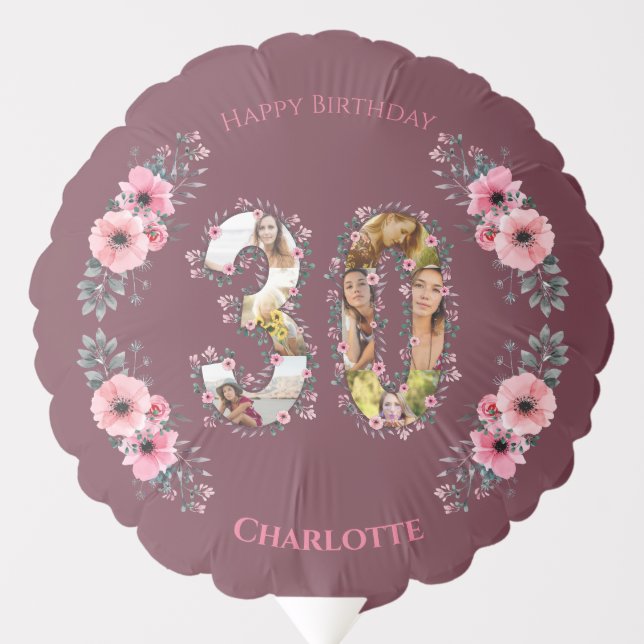 Big 30th Birthday Pink Flower Photo Collage Woman Balloon (Front)
