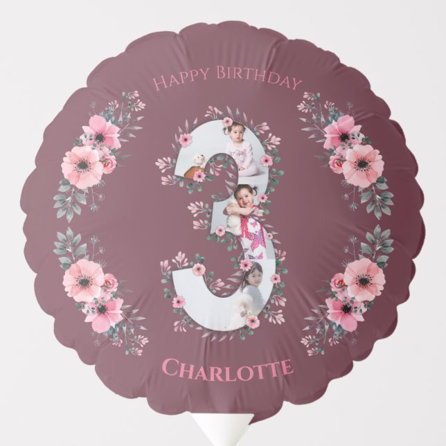 Big 3rd Birthday Girl Photo Collage Pink Flower Balloon (Front)
