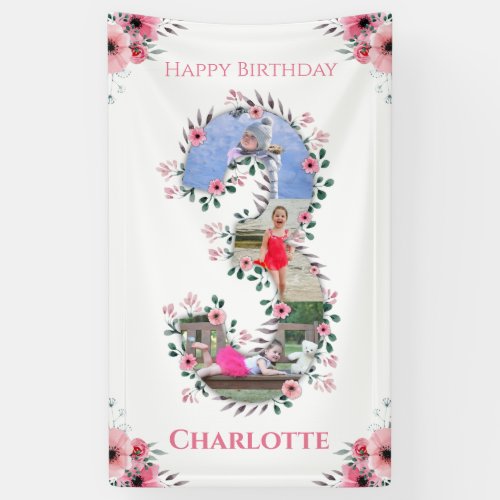 Big 3rd Birthday Girl Photo Collage Pink Flower Banner